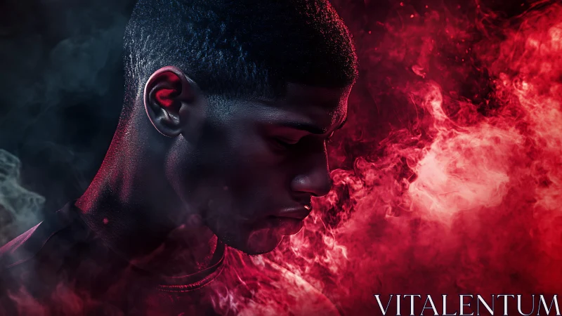 Moody portrait of a young man in glowing red smoke.