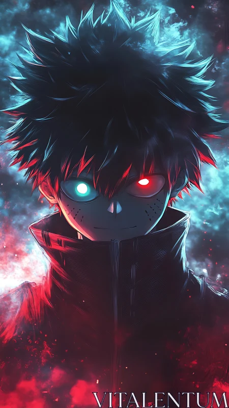 Intense anime hero stands amid glowing blue and red energy