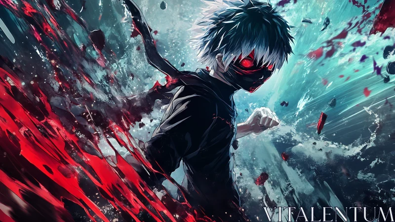 Masked white-haired fighter unleashes violent crimson energy