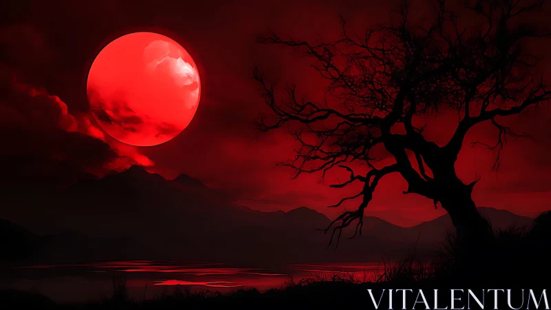 Crimson lunar eclipse over silhouetted arboreal shoreline panorama.