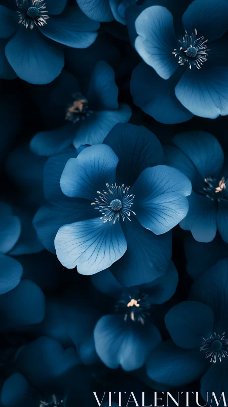 Botanical Close-Up: Monochromatic Blue Floral Composition with Radial Stamen Structure