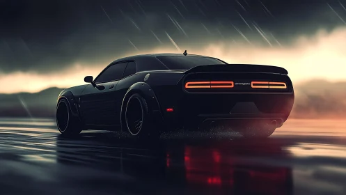Cinematic rear-angle muscle car render in storm-lit wetscape.
