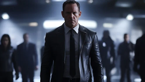 Tense security officer advances through defocused, backlit crowd