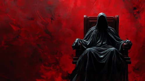 Shrouded dark figure enthroned before a bloodred void.