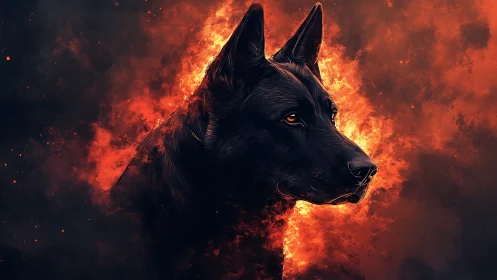Black dog portrait emerging from vivid fiery background.