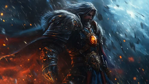 Stormbound paladin in emberlit armor amid raging blizzard.
