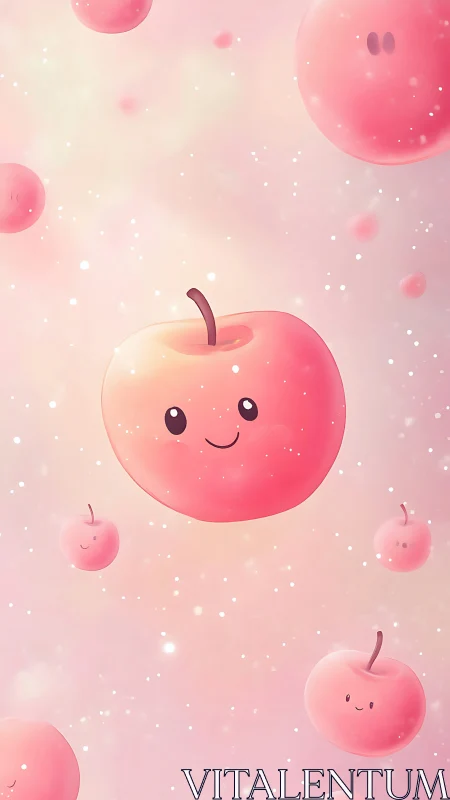 Smiling pink apples floating in a dreamy pastel sky.