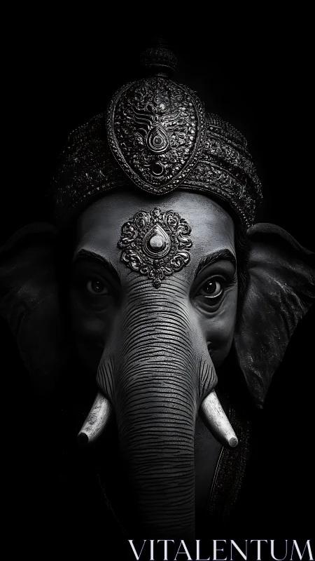Monochrome frontal view of ornate elephant headed figure.