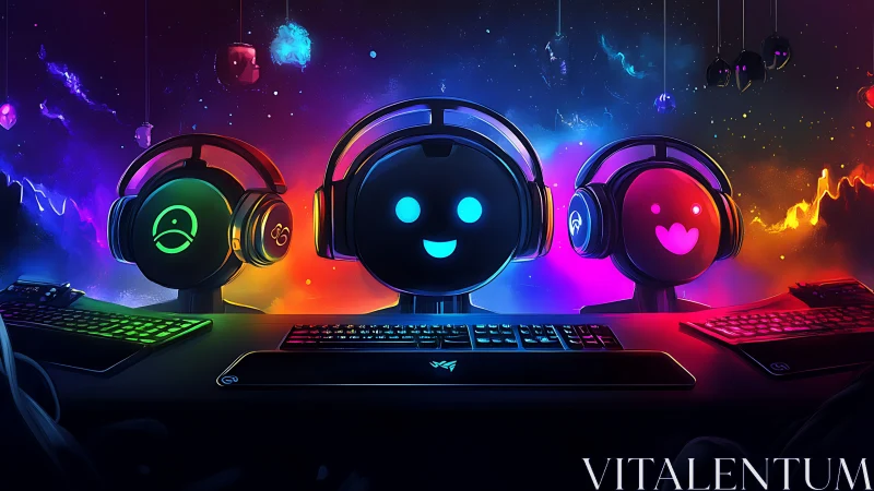 Friendly gamer bots glowing in a neon rainbow studio.