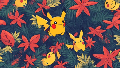 Pikachu characters scattered in lush tropical foliage pattern.