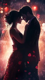 Romantic Silhouette Dancing in Rain with Glowing Hearts