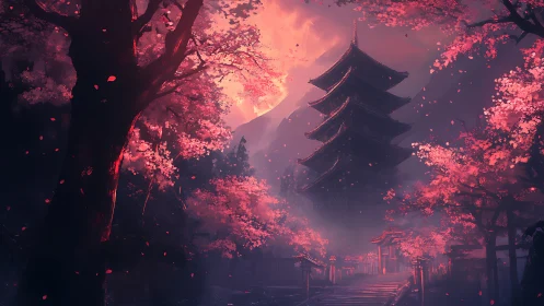 Moonlit pagoda rises amid luminous cherry blossoms at dusk.
