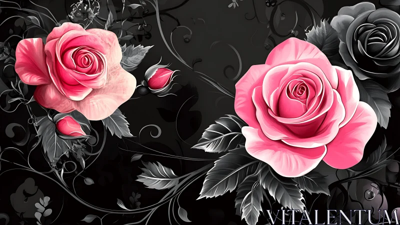 Hybrid Pink Roses with Grayscale Botanical Elements on Dark Background