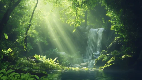 Waterfall in Dense Forest Canopy with Sunlight