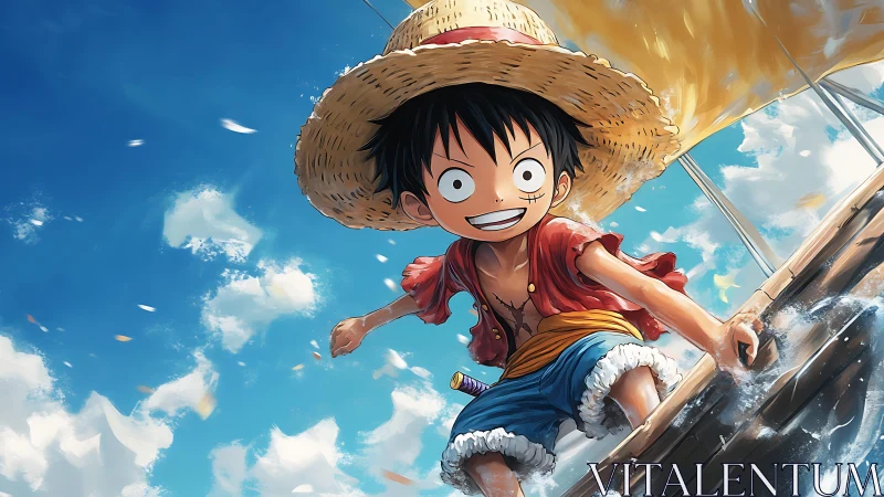 Sunlit straw-hatted sailor vaults joyfully over foaming seas