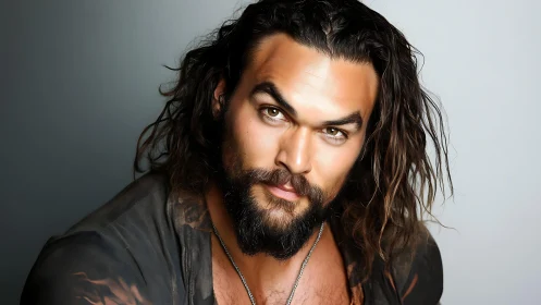 Bearded man with long wavy hair under soft studio light.