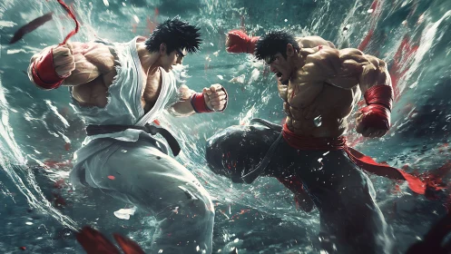 Martial artists engaged in dynamic close combat exchange.