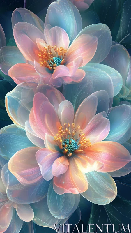 Iridescent floral blossoms glow with ethereal pastel light.