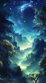 Bioluminescent valley under stellar arch in vertical fantasy vista