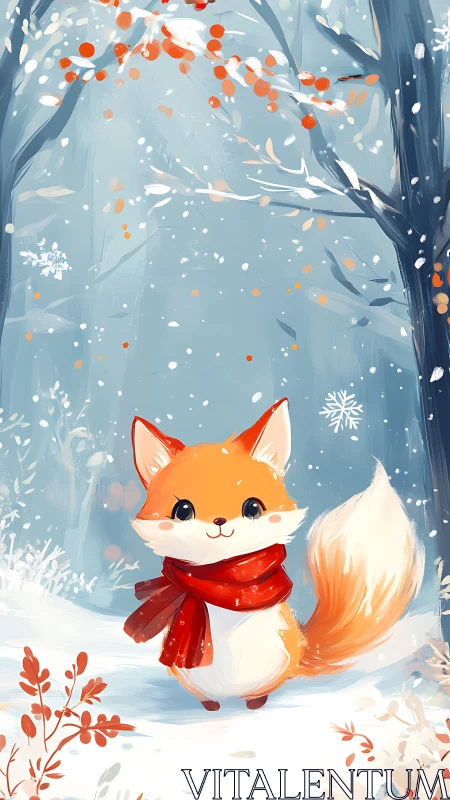 Cute orange fox in red scarf standing in snowy forest.