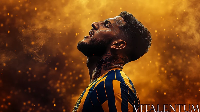 Photorealistic football portrait in glowing ember haze.