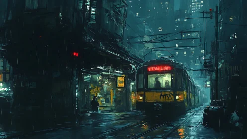 Nocturnal rain-soaked tramway in dense cyberpunk megacity
