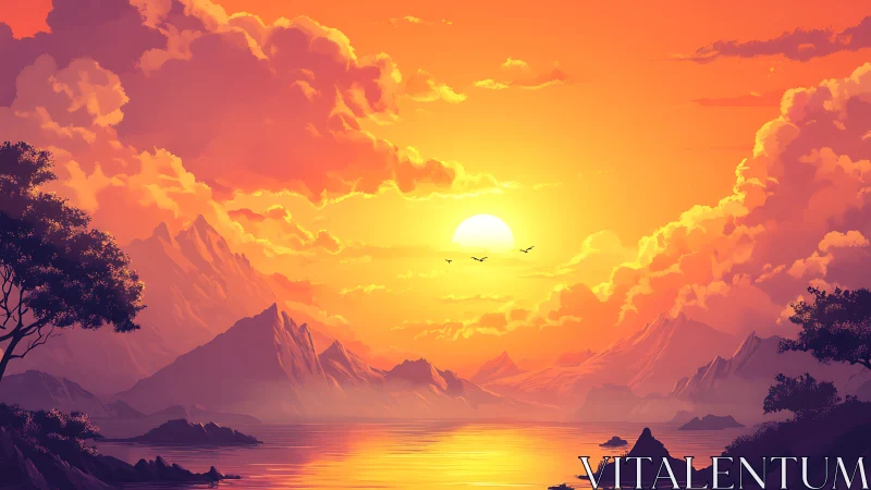 Radiant alpine sunset over tranquil bay in digital painting