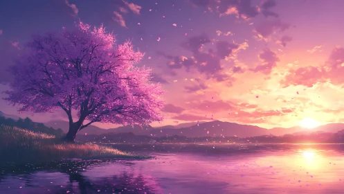 Chromatic lakeside sakura under volumetric sunset illumination.