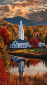 Quiet white chapel among glowing autumn hills at sunset.