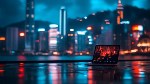 Laptop on wet city rooftop facing neon skyline at night.