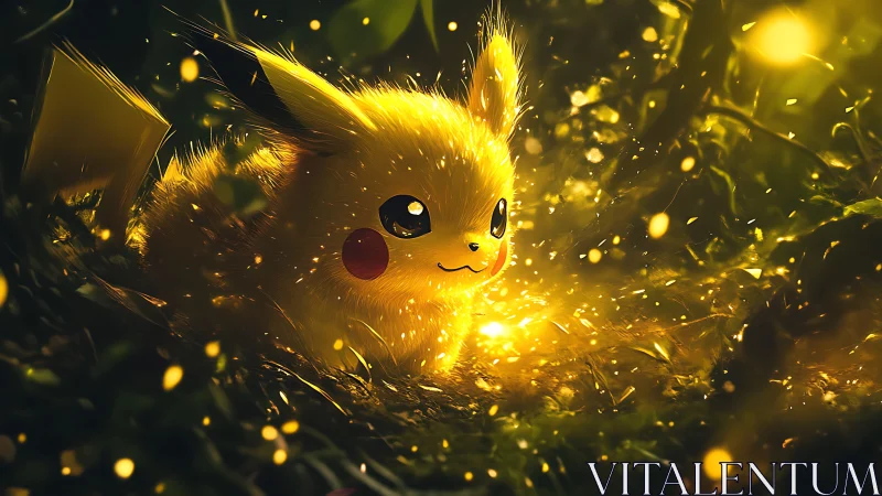 Digital painting of Pikachu in luminous forest clearing glow.
