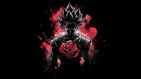 Silhouetted spiky haired warrior with crimson rose splash art