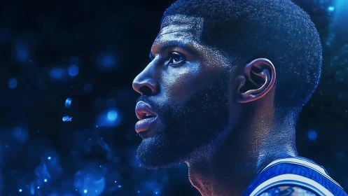 Focused basketball portrait glows in electric blue arena light