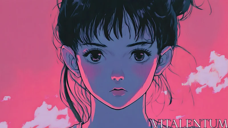Neon-lit anime portrait with cyan contours and pink sky.