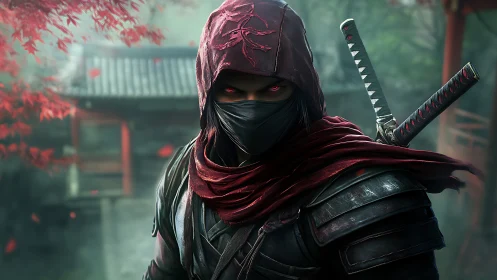 Hooded crimson ninja glares under falling autumn leaves.