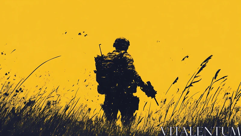 Silhouetted soldier crosses wild grass under stark yellow sky.