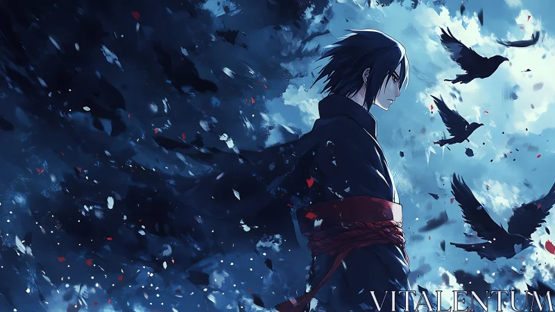 Dark-clad anime warrior stands amid swirling black crows