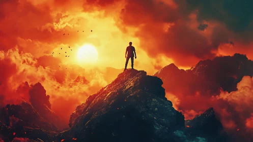 Silhouette stands on fiery summit under blazing sunset sky.