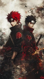 Dual ninja warriors in back-to-back stance, dynamic ink splatter