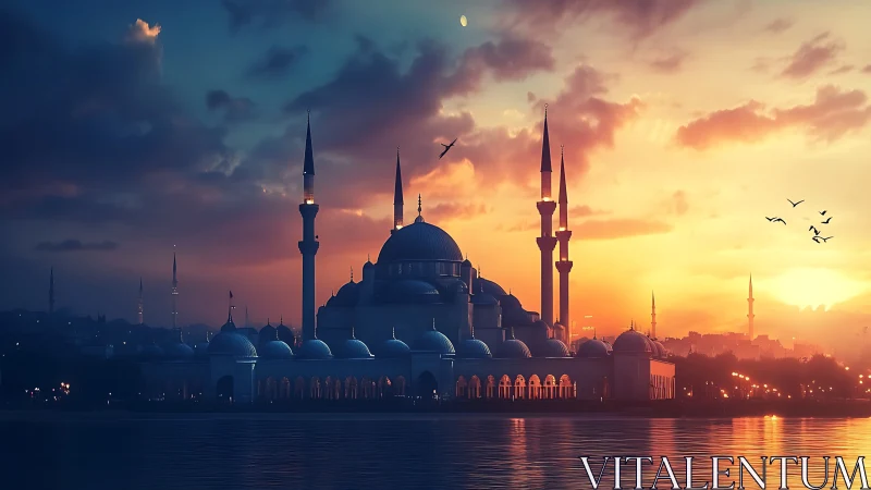 Grand mosque skyline glows against vivid harbor sunset