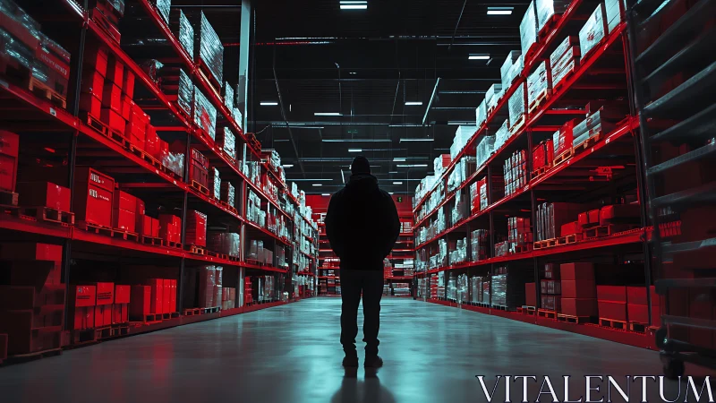 Lone figure haunts neon-red warehouse aisles at midnight.