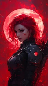 Red haired armored woman stands before glowing red moon