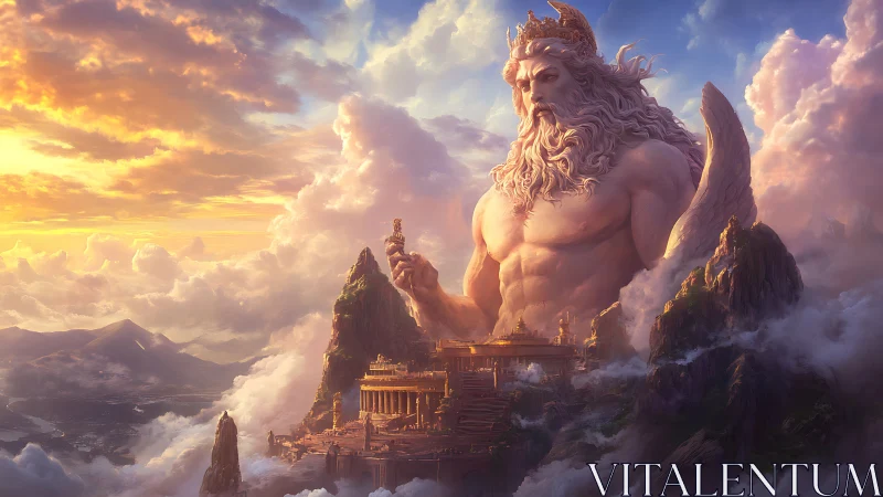 Colossal sky-god cradles a sunlit Olympus between clouds