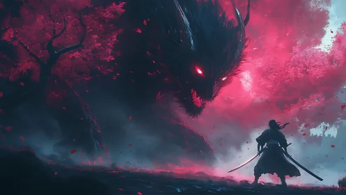 Samurai confronts colossal red-eyed demon in storming mist