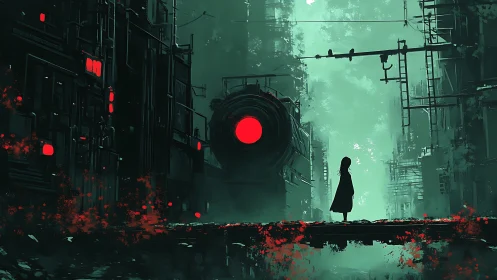 Silhouetted figure confronts red‑eyed machine in ruined city