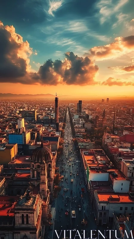 Sunlit avenue cuts through a glowing city at golden hour