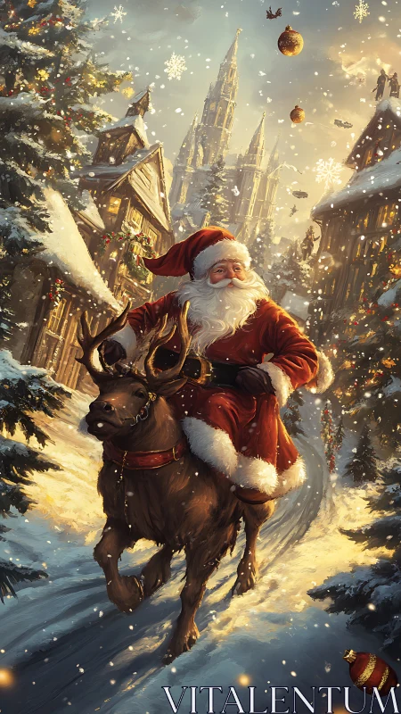 Santa riding reindeer through snowy village street at dusk