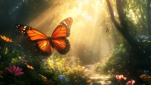 Majestic Monarch Butterfly in Sunlit Enchanted Forest Setting.