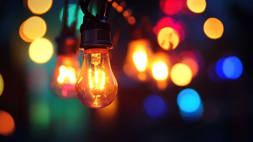 String light bulbs with multicolored blurred bokeh background.