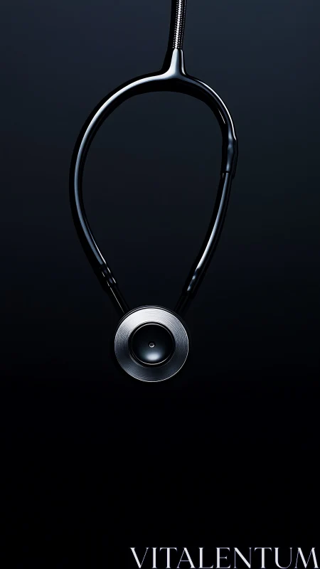 Sleek medical stethoscope hangs against deep black background
